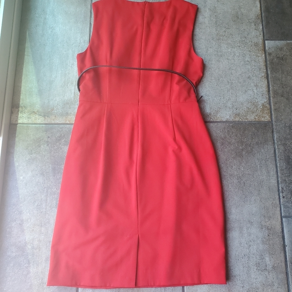 Calvin Klein Red Sheath Dress Slit Ruffle Black Belt Preppy Work Classic Office - Picture 2 of 11